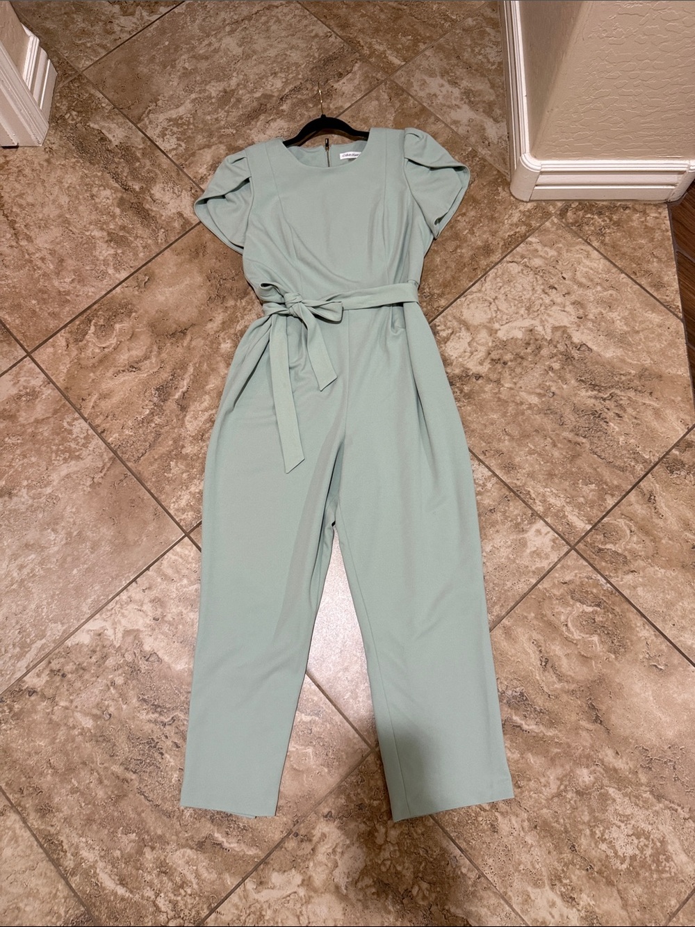 Calvin Klein Mint Green Belted Puff-Sleeve Jumpsuit